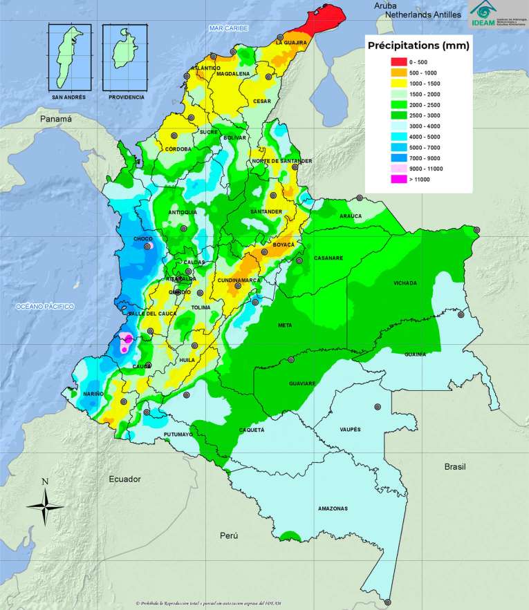 Carte des niveau de précipitations en Colombie