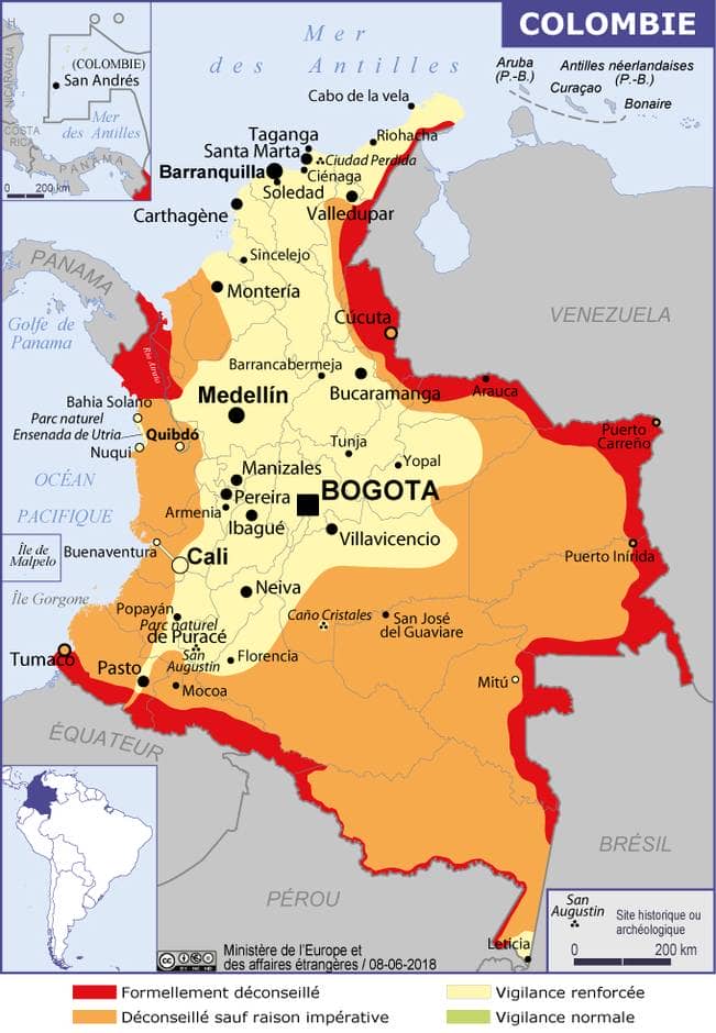 Carte de la sécurité en Colombie du ministère des affaires étrangères français