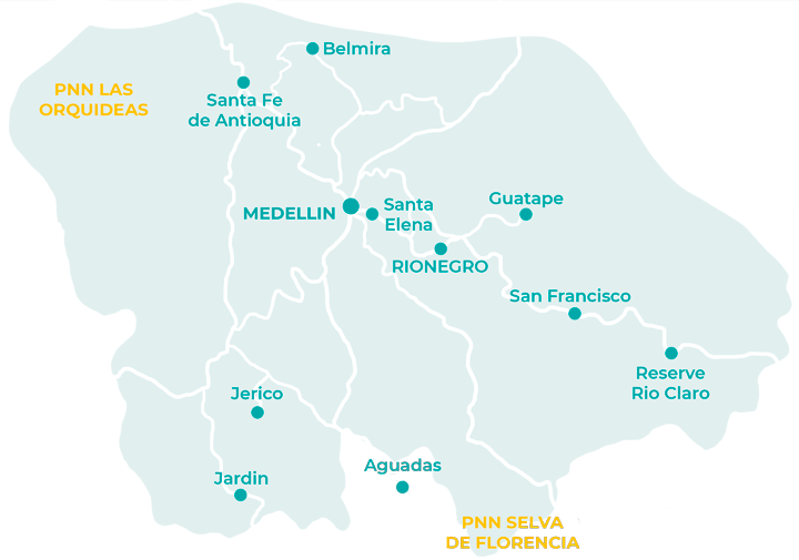 Carte des choses à faire aux alentours de Medellin