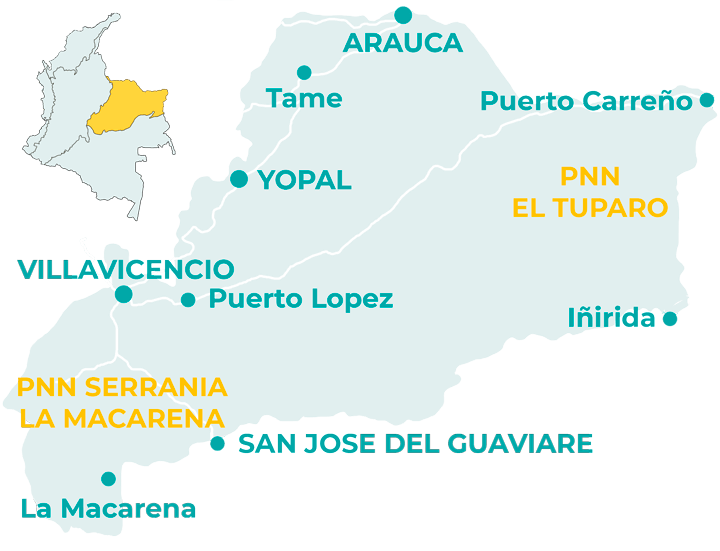 Carte de la région Orinoquia en Colombie