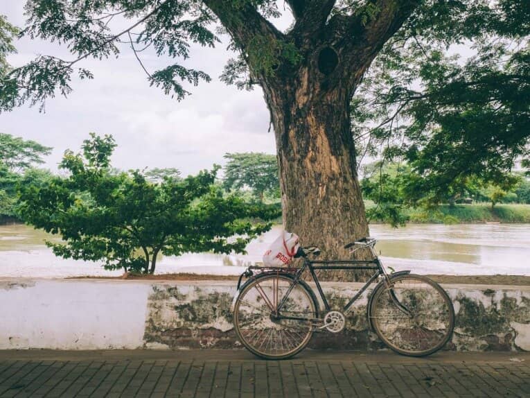 Un vélo mompox appuyé contre un mur à côté d'un arbre.